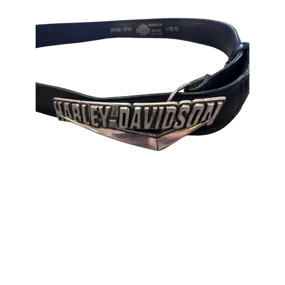 Vintage 1996 Harley-Davidson Mens Black Leather Belt Silver Logo Buckle 36 98466